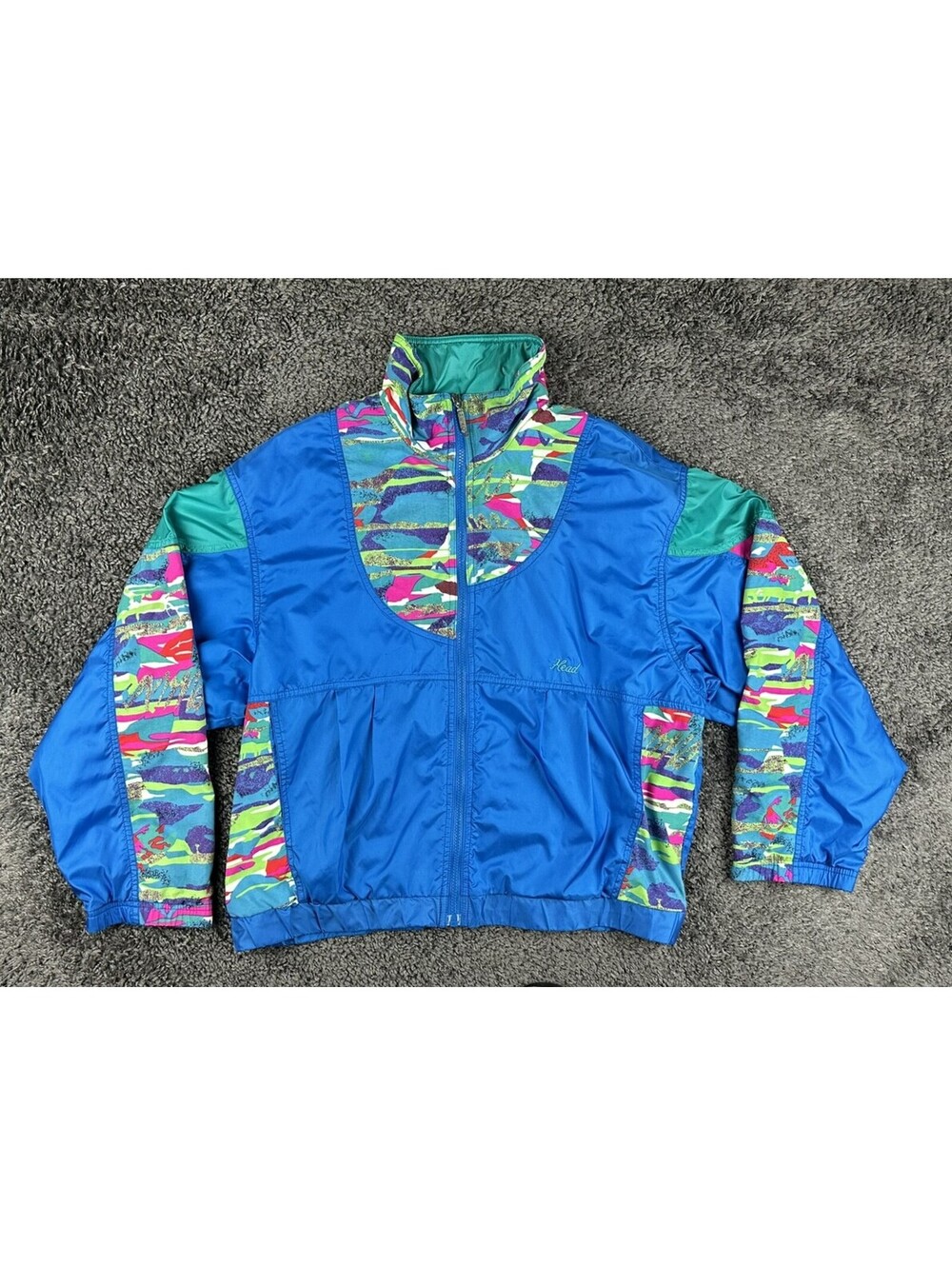 Vintage 90s Head Sportswear Mens L Blue Neon Colorblock Full Zip Windbreaker